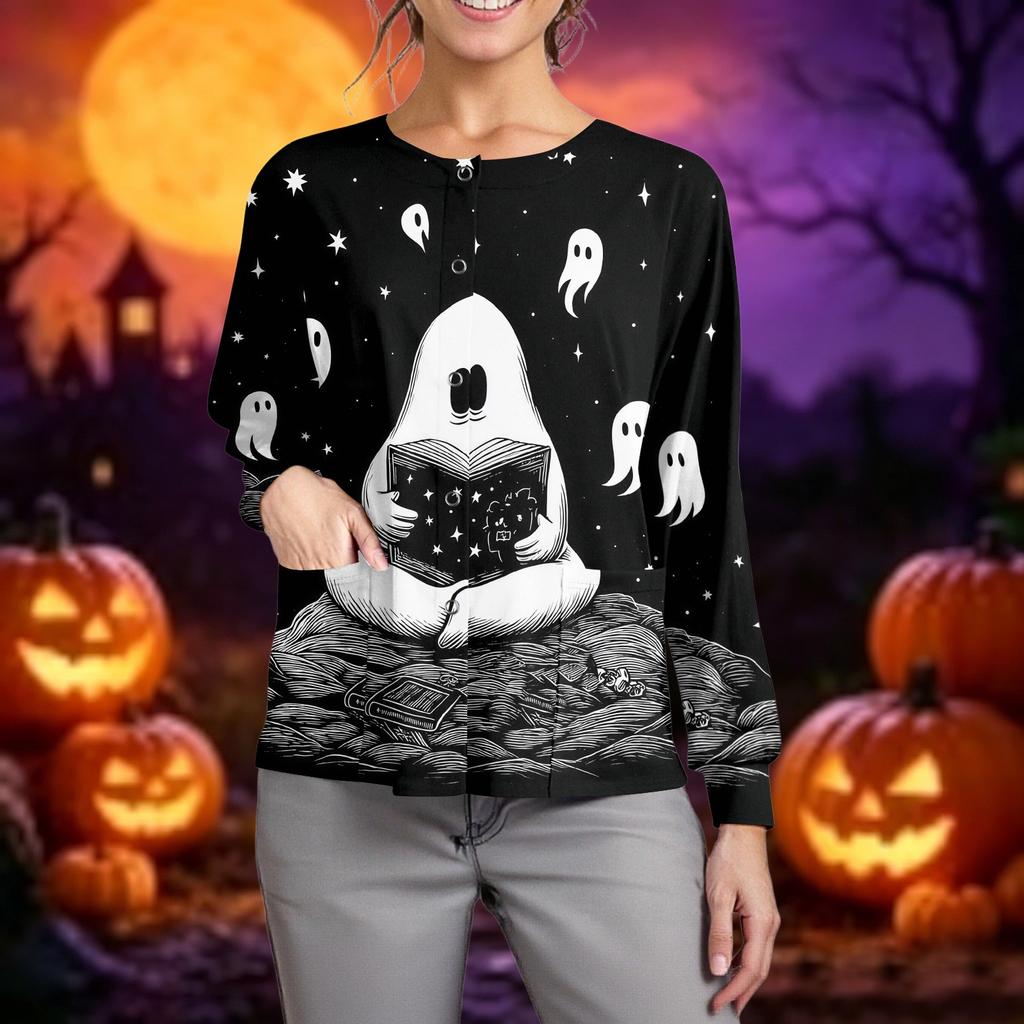 Women Casual Long Sleeve Single Breasted Cardigan Halloween Print Nurse Workwear Top Lightweight Button Up Shirt