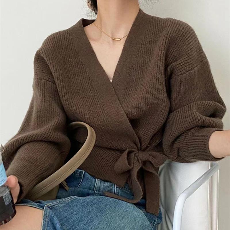 Advanced Sweater Knitwear Women Knitted Cardigan Fall Winter Tie V-neck Sweet Short Long-sleeved Knitted Tops