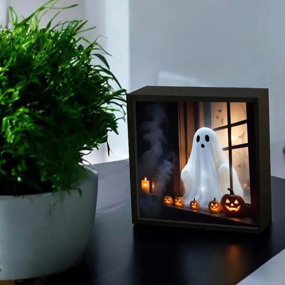 LED Halloween Night Light Wooden Ghost Painting Frame Lamp New Desktop Decor Ornaments  Gifts