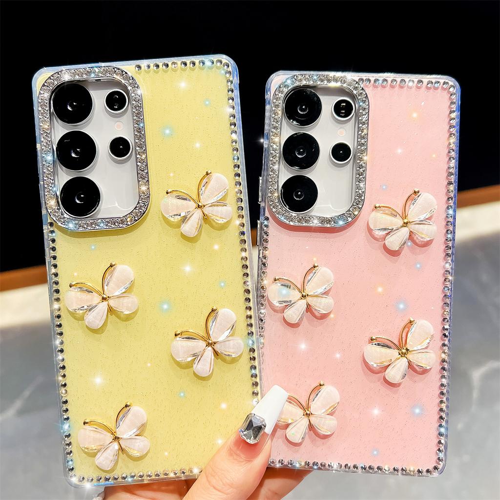 Handmade Sparkly Diamond Glass Butterfly IMD Phone Case, Compatible with Samsung S23 Ultra/S24/S25 & A07/A15/A16/A17/A26/A35/A36/A55/A56