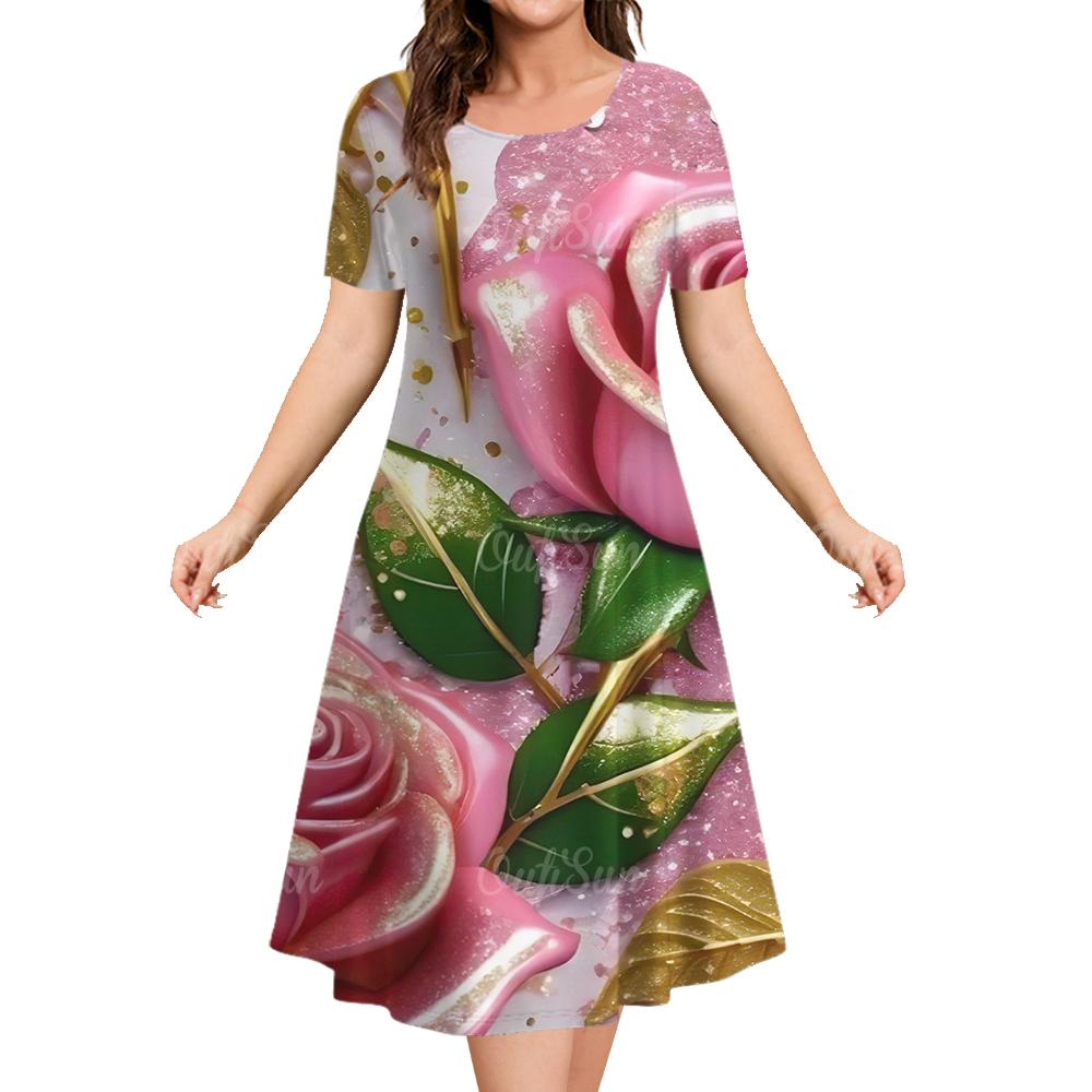 

Женское летнее платье с круглым вырезом и короткими рукавами, повседневная модная одежда с 3D-цветочным узором, элегантная длинная юбка-пуловер для вечеринок 6XL