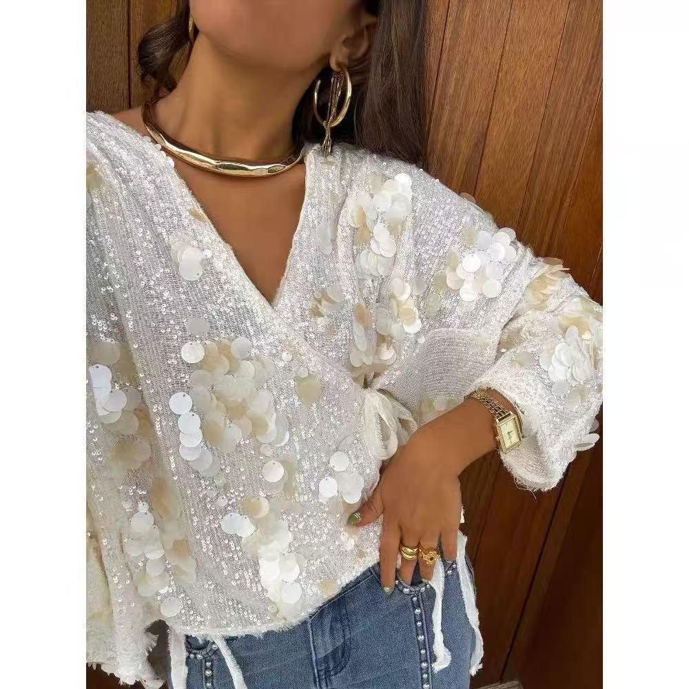 Dámský kardigan se sekviny s výstřihem do V - Módní top s dlouhým rukávem a volným střihem