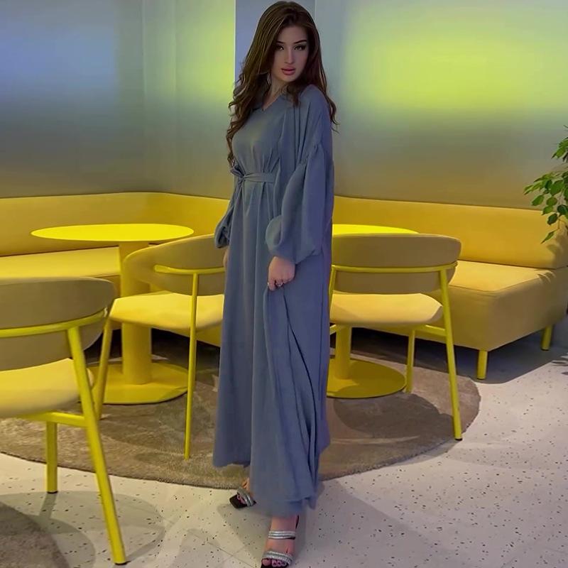 Autumn 2024 European & American Solid Color V-Neck Tie Waist Slim Long Robe Dress Set