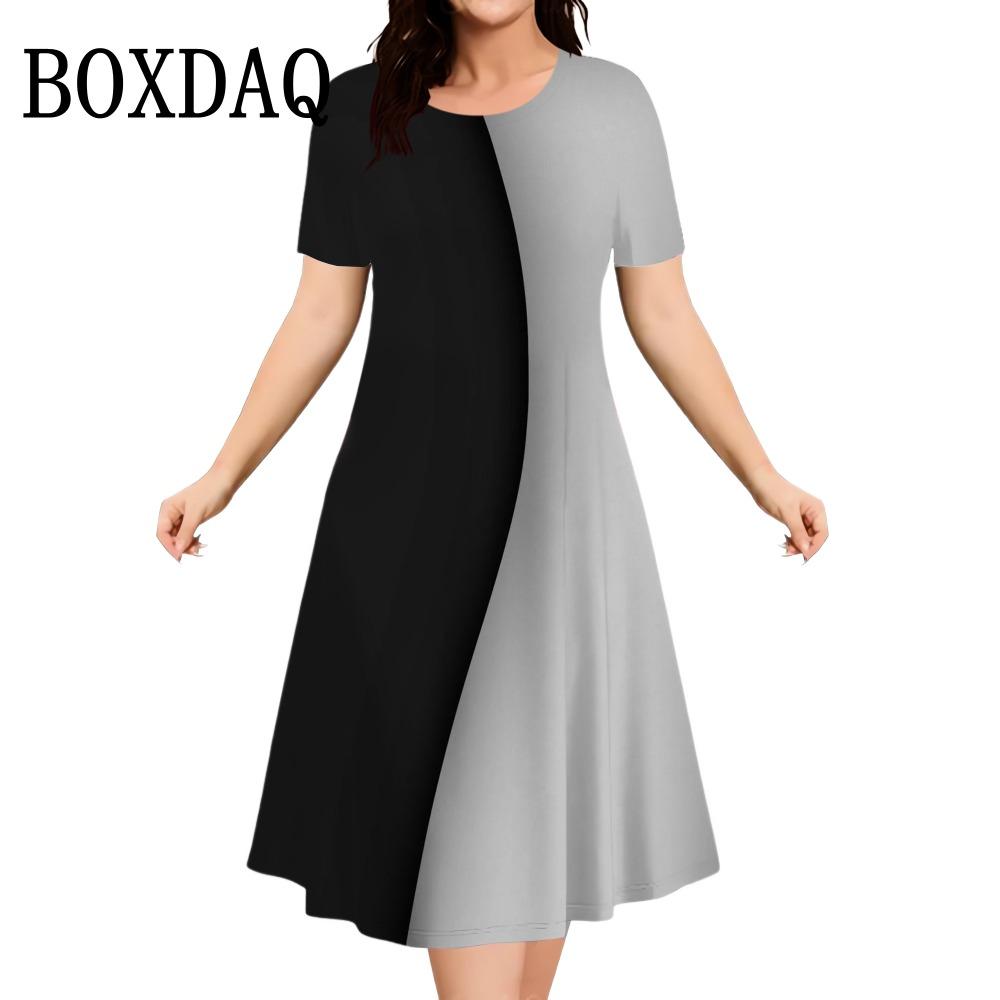 Summer Women Dress Fashion Plus Size Short Sleeve Dress Black White Contrast Color Loose A-Line DressClothing
