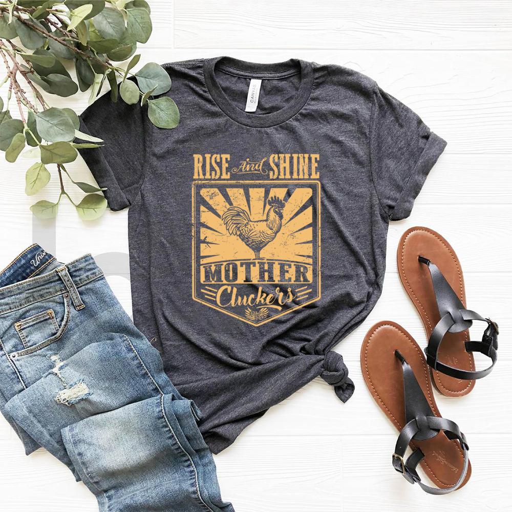 Rise and Shine Mother Cluckers Funny Chicken Lady Shirts Farm Life TShirt Funny Sayings Chicken Lover Tees Women Casual Tops