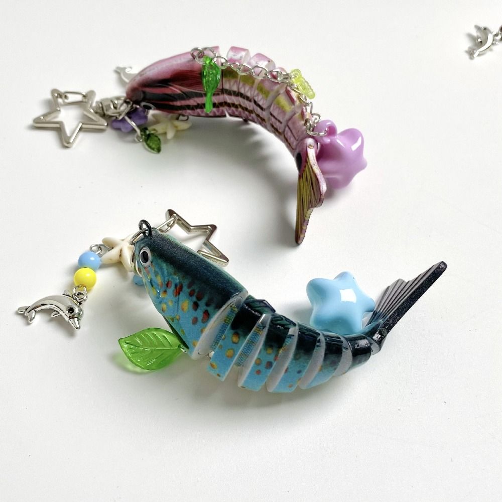 New Plastic Imitation Fish Keychains Multi Jointed Beaded Fish Hook Key Chain Ocean Style Keychain Pendant Bag Accessories