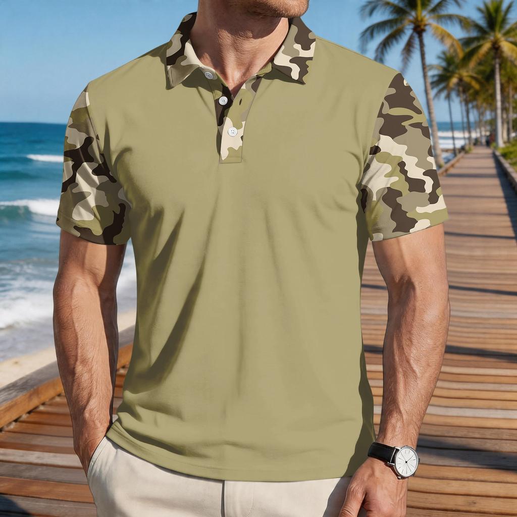 Men's Loose Fit Casual Polo Shirt Short Sleeve Camouflage Print Patchwork Design Button Collar Summer Top