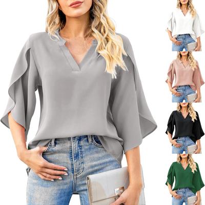 Sommer Neue Mode frauen Blütenblatt Ärmel Tops Lose V-ausschnitt Chiffon Hemd