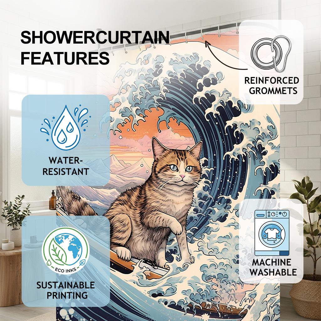 Funny Surfing Cat Great Wave Shower Curtain - Creative Ukiyo-E Ocean Art Design - Indoor Home Bathroom Decor Bath Curtain