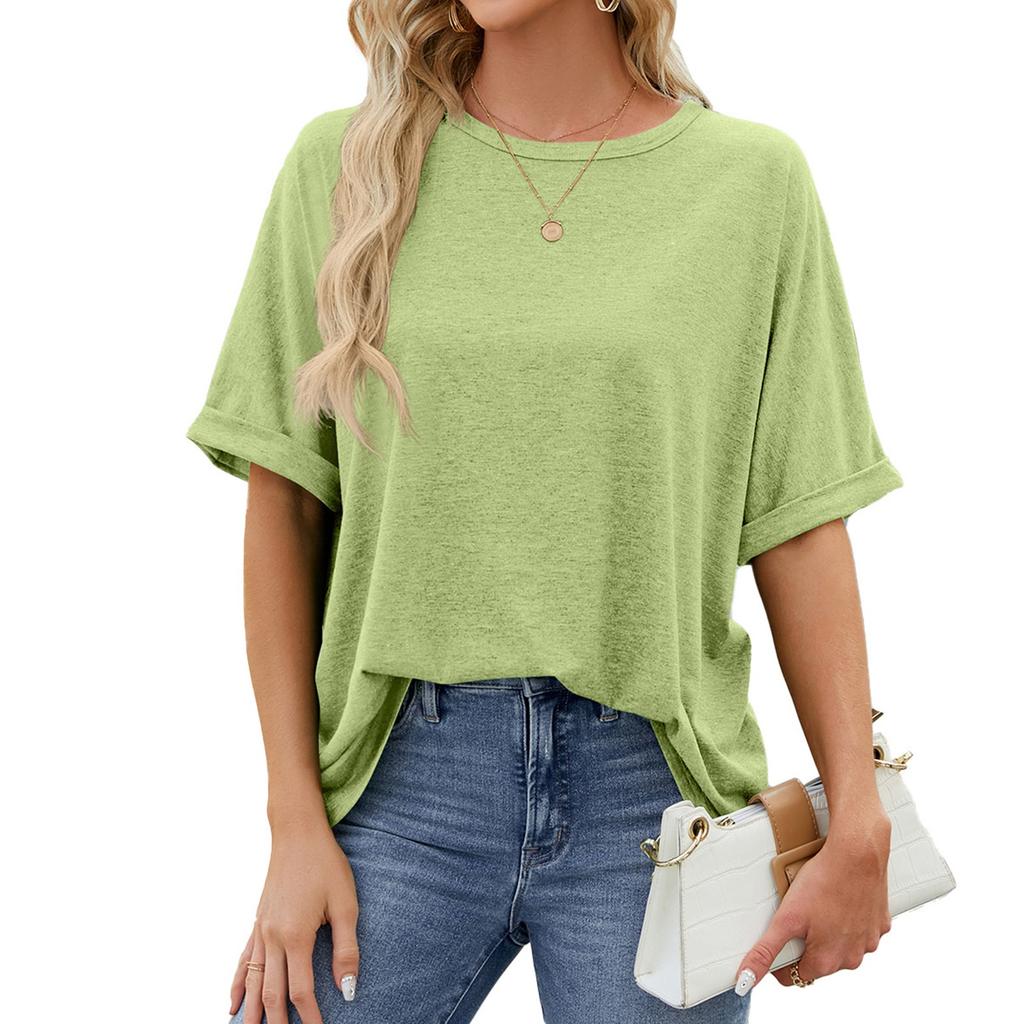 Women's Summer Solid Color Round Neck Large Size Loose Short Sleeve T-Shirt Solid Color Tops