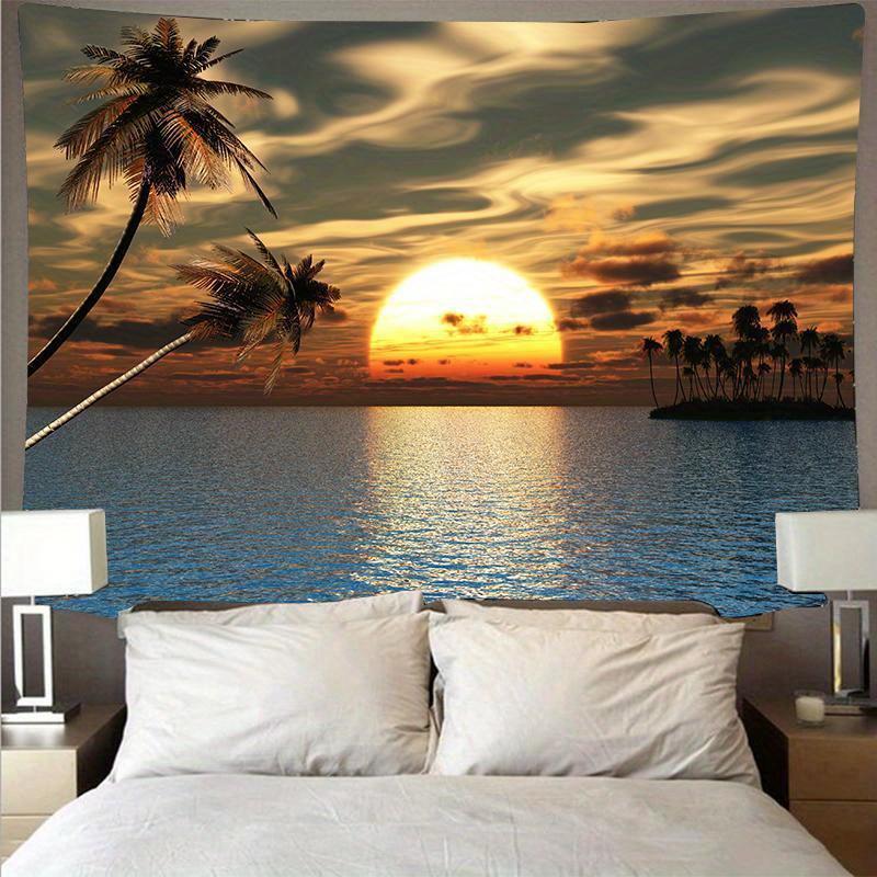 Seaside Sunset Tapestry Beach Palm Tree Pattern Wall Hanging Bohemian Home Decor Bedroom Outdoor Art Wall Carpet