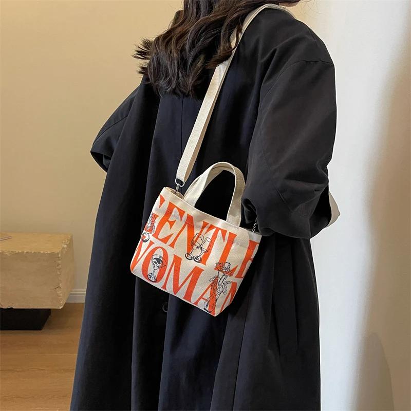 Monochrome bedruckte Umhängetasche aus Canvas mit Gewinde für Damen, lässige, schlichte Tragetasche, Umhängetasche