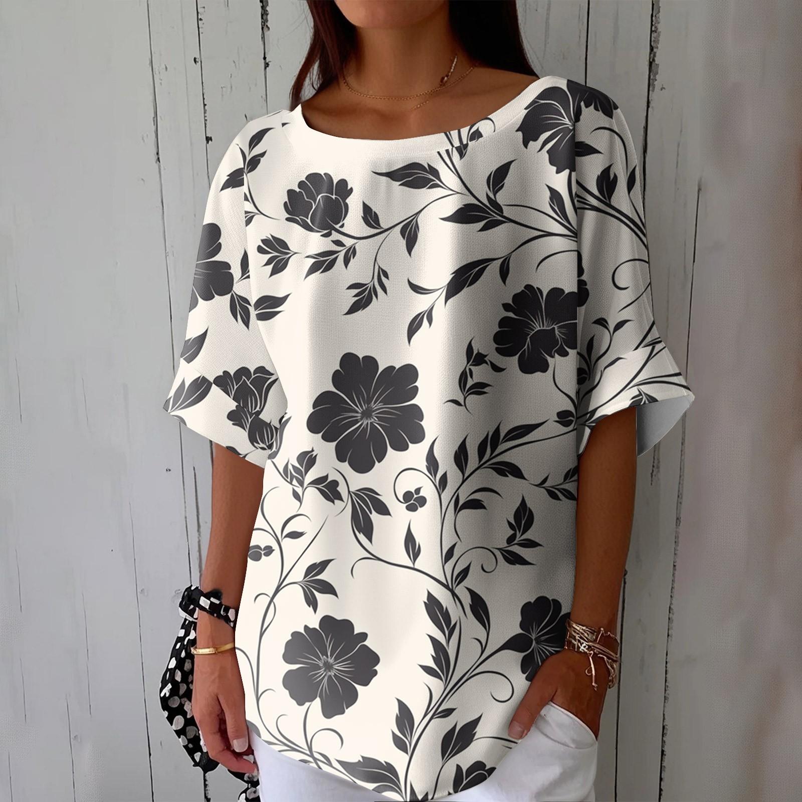 Women s Fashionable Casual Round Neck Printed Top Loose Top Printed Top Loose Top S