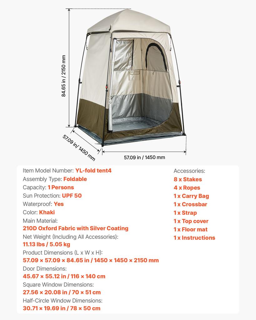 VEVOR Camping Shower Tent, 1 Room, Foldable Privacy Tent Changing Room with Ground Stakes, Ropes, Carry Bag, and Crossbar
