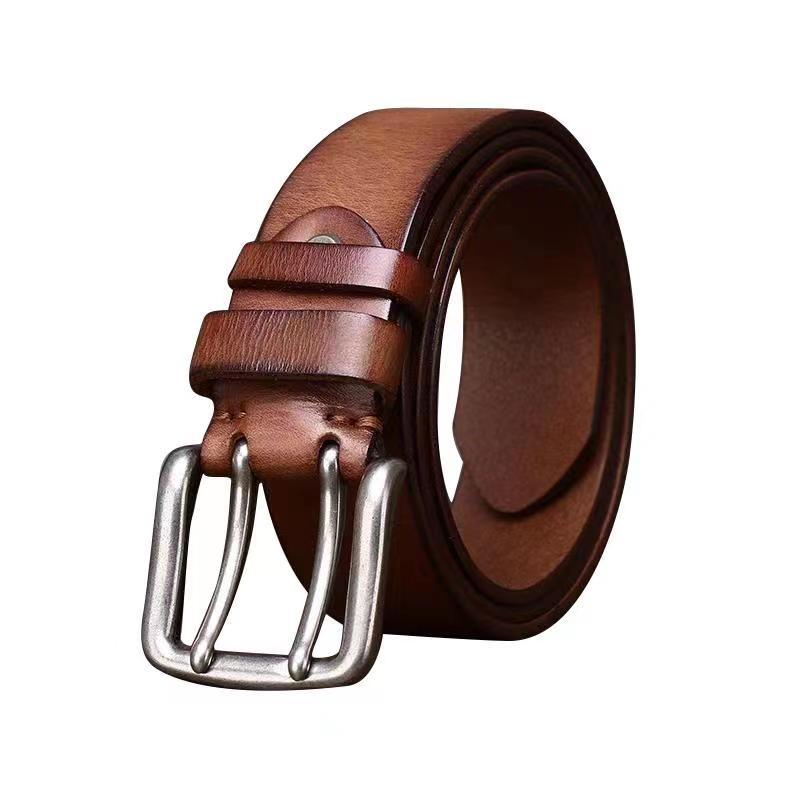 Versatile Double Pin Buckle Belt Men'S Leather First Layer Pure Cowhide Retro Casual Jeans Belt