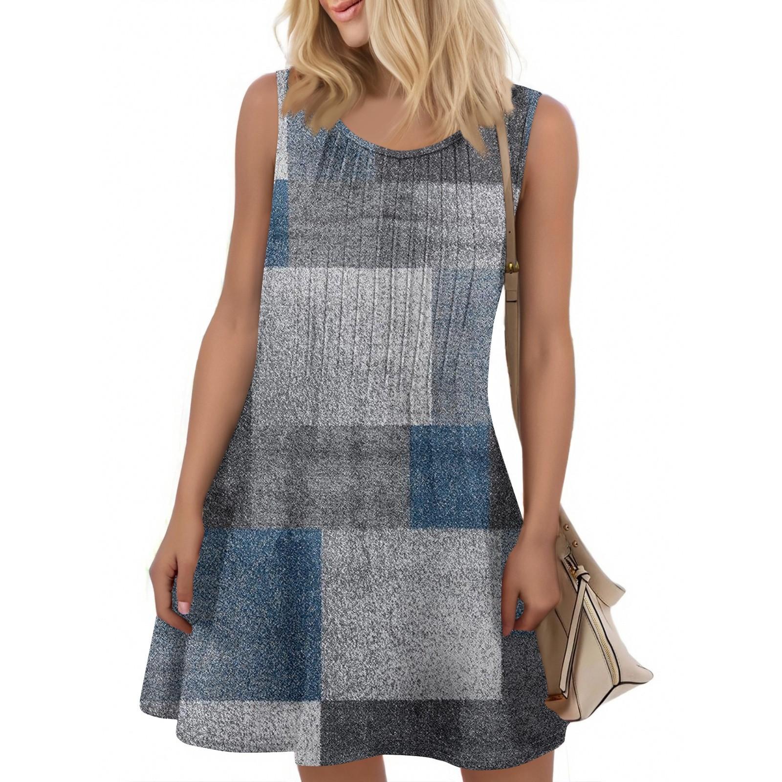 

Ladies Fashion Summer Color Block Patchwork Print Dress Loose Beach Vacation Casual Sleeveless Sundress XL синій