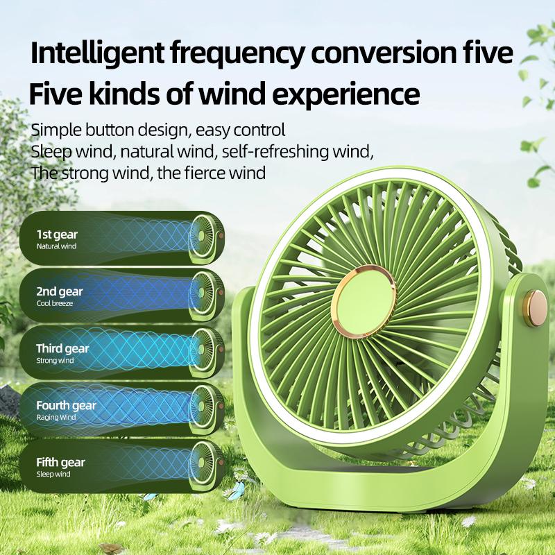 1200mAh Rechargeable USB Desk Fan 5 Speed 3 Level Night Light Quiet Cooling Fan for Home Office Bedroom Dorm Outdoor Use