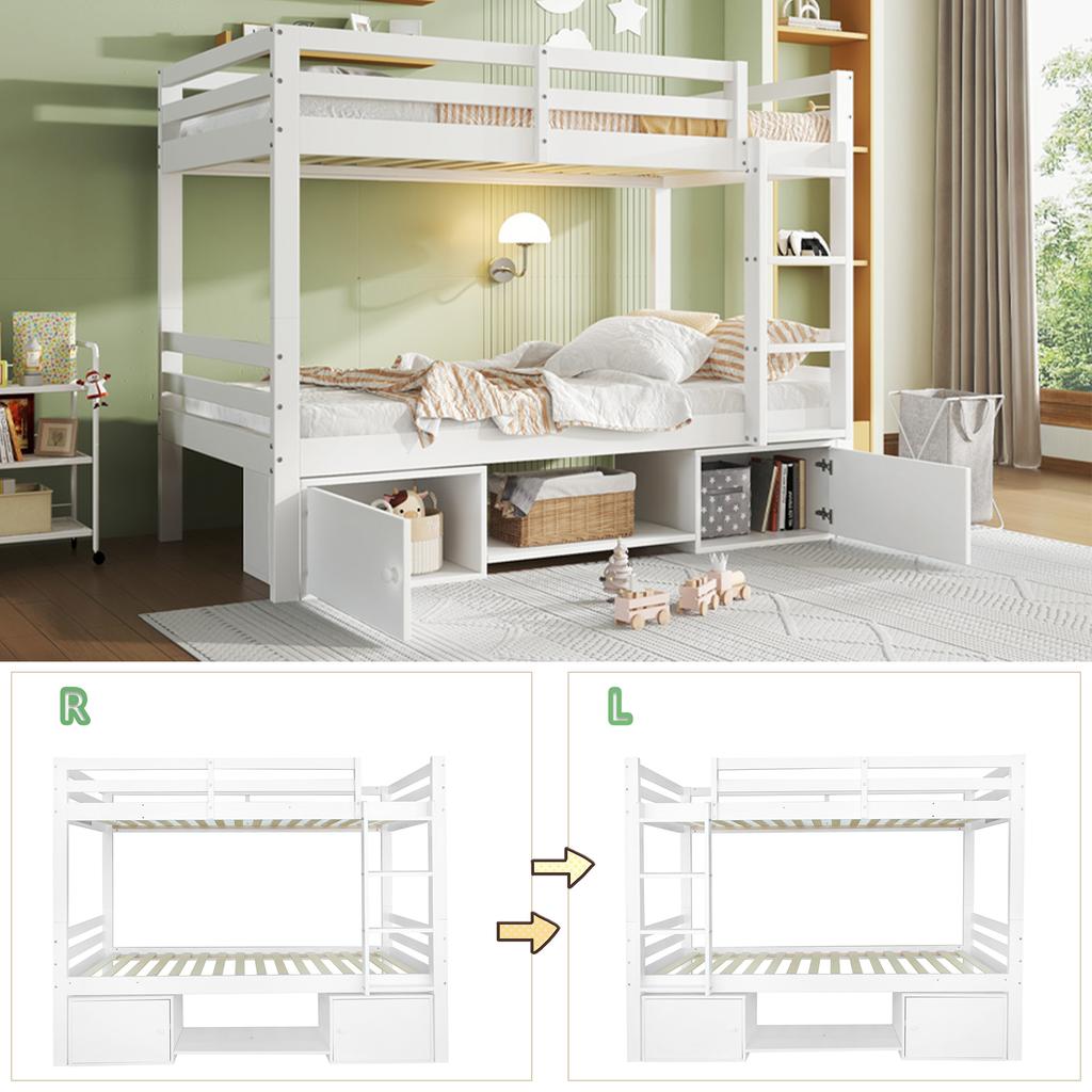 Etagenbett für Kinder, Kinderbett mit Schuhregalen und Schließfächern, Bett teilbar in 2 Einzelbetten, Jugendbett, Einzelbett, Weiß, 90x200cm.