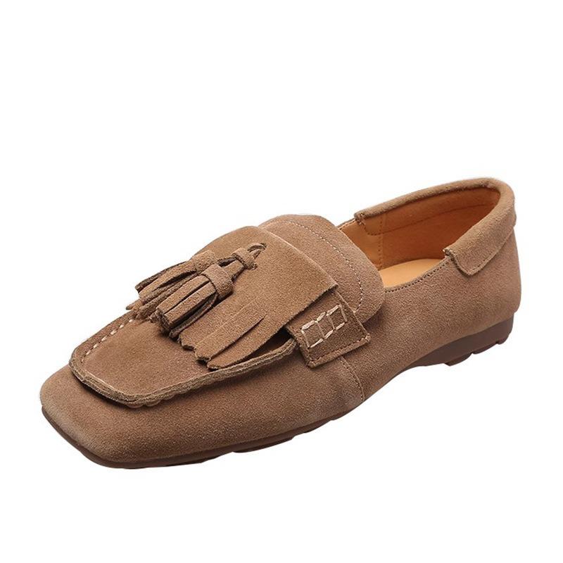 Square Head Soft Sole Single Shoes Women's New Versatile Tassel Shallow Mouth Doudou Shoes Non-slip One-pedal Women