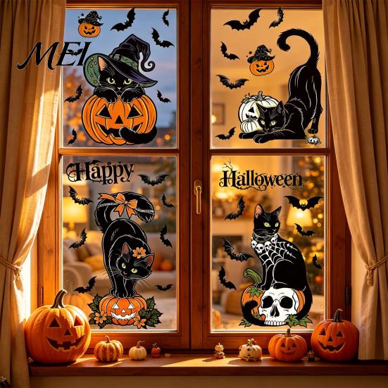 Reusable Holiday Window Film 4 Sheets Halloween Black Cat Clings, Spooky Pumpkin Bat Skull Decal Sticker, Double Sided Static Decals for Glass