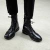 Krazing Pot Skórzane buty zimowe z okrągłym noskiem, grube, niskie obcasy, motocyklowe, damskie, sznurowane, duży rozmiar 43, botki