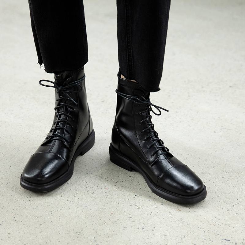 Krazing Pot Skórzane buty zimowe z okrągłym noskiem, grube, niskie obcasy, motocyklowe, damskie, sznurowane, duży rozmiar 43, botki