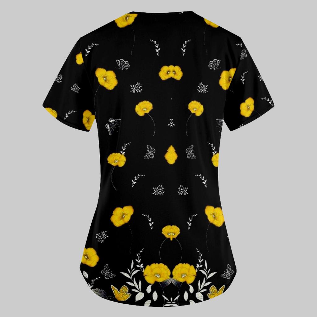 Dámská módní pracovní uniforma s potištěným tričkem a krátkým rukávem