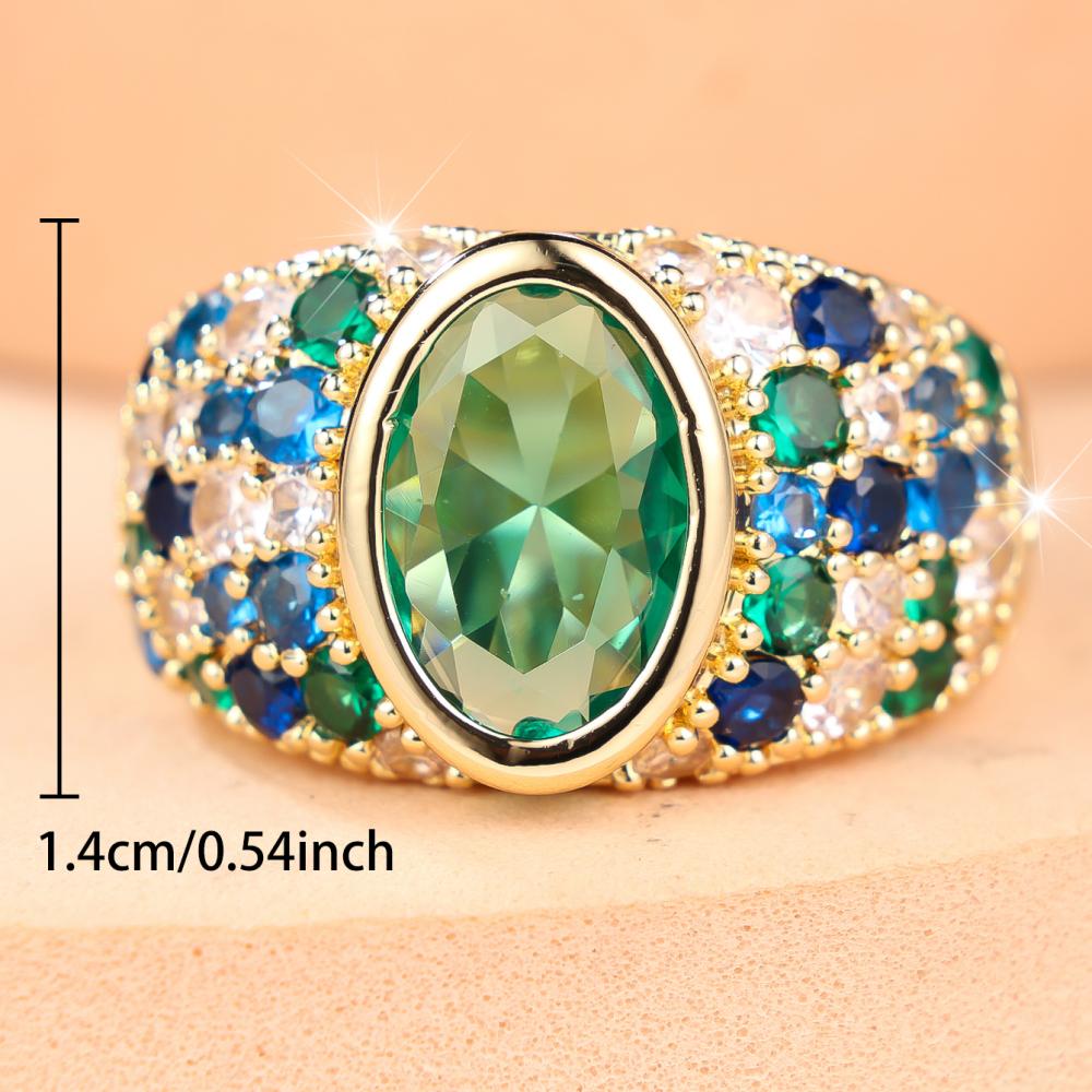 Luxury Gold Color Green Blue CZ Cluster Ring for Women Daily Wear and Party