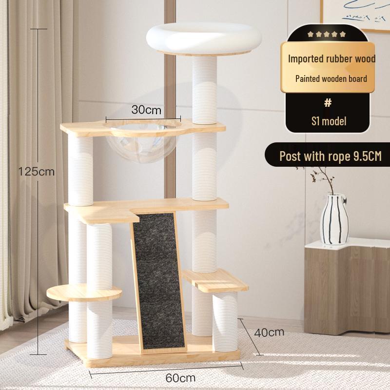 Solid Oak Cat Tree with Wall-Mounted Space Capsule Bed
