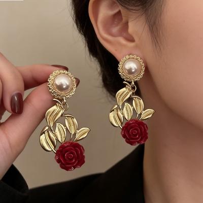 Baroque Pearl Leaf Rose Flower Earrings Temperament Stud Earrings Retro Earrings Premium Light Luxury Earrings Accessories