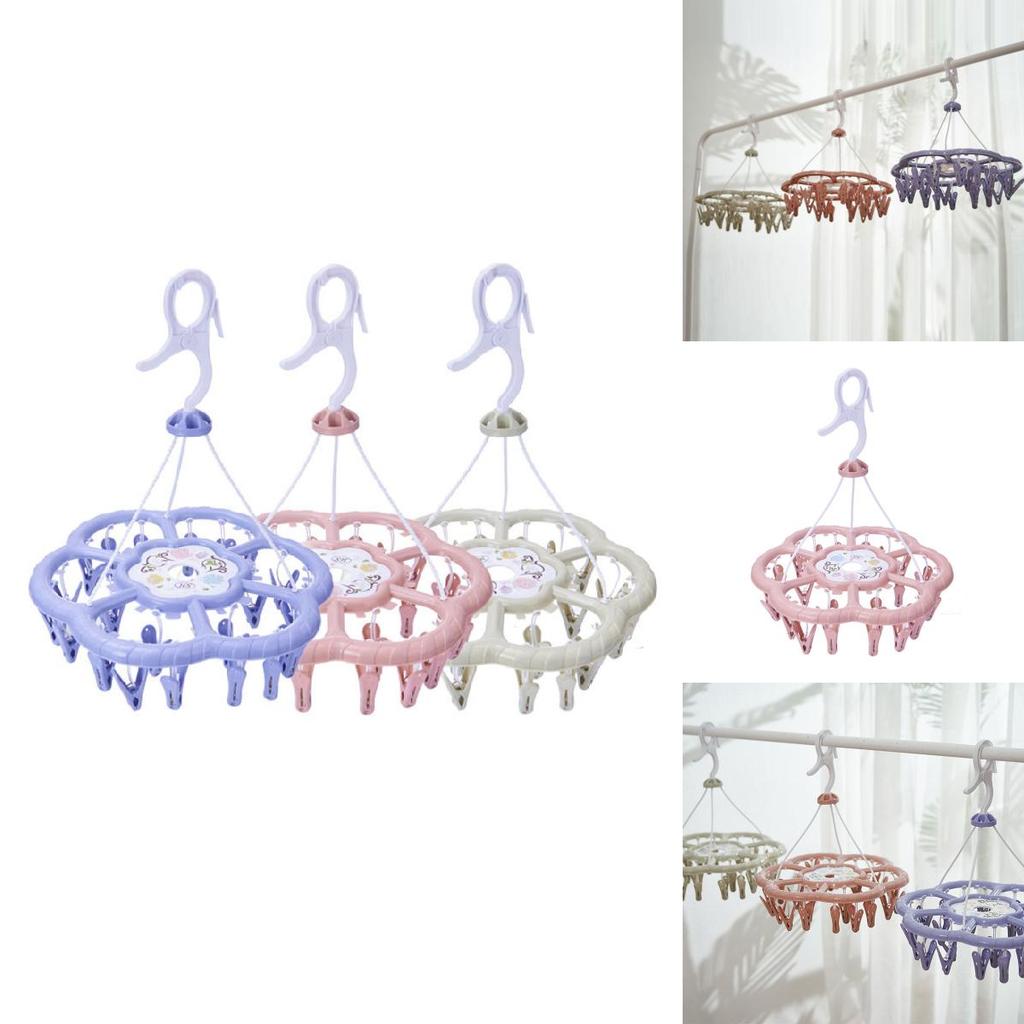 Durable Plastic Circular Clothes Drying Rack With 24 Clips For Socks And Underwear