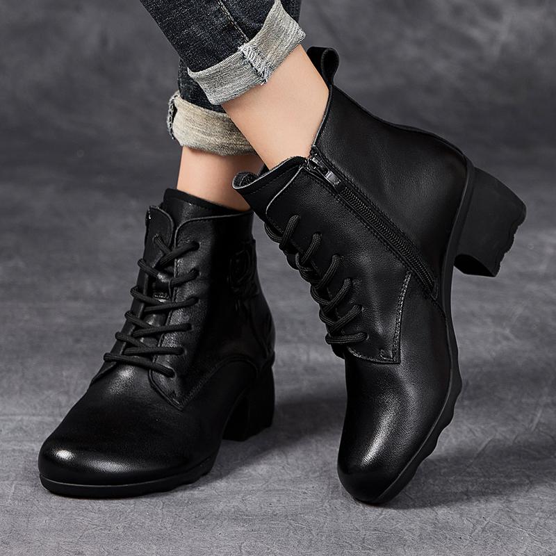 Fashion GKTINOO Spring Autumn Women Boots Genuine Leather High Heels Ankle Boots For Women Shoes Retro Handmade Zipper Short Boots