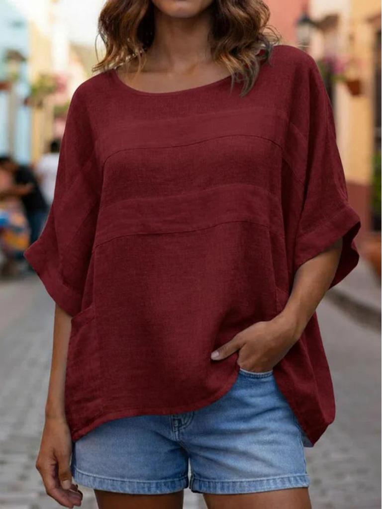 European & American Women's Summer Casual Loose Top - Round Neck, 3/4 Sleeve