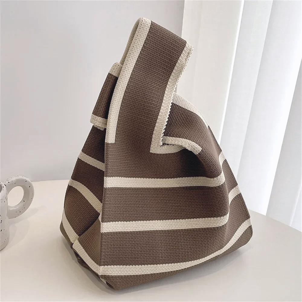 Stripe Handmade Knitted Women Shoulder Bags Casual Portable Ladies Small Handbags Shopper Student Reusable Girls Tote Wrist Bag