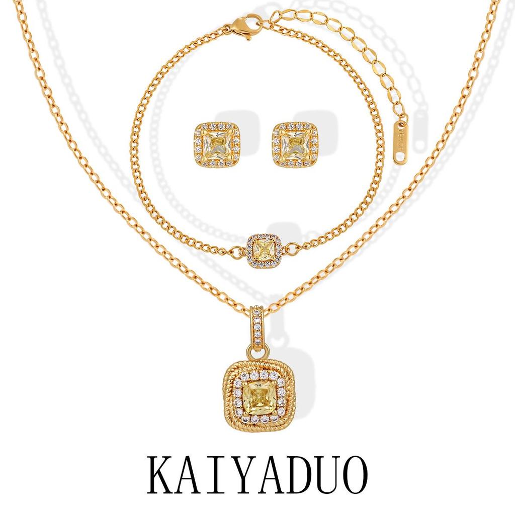 Korean Styled Luxury Diamond Sugar Cube Jewelry Set: Titanium Necklace, Bracelet & Stud Earrings