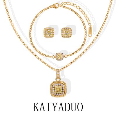 Korean Styled Luxury Diamond Sugar Cube Jewelry Set: Titanium Necklace, Bracelet & Stud Earrings