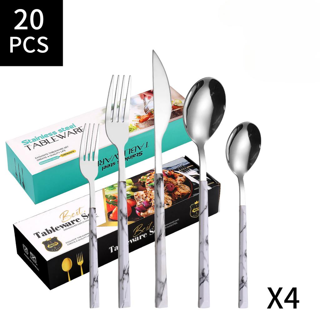 Imitation Wood Handle, Imitation Stone Pattern Knife, Fork and Spoon, Five-piece 430 Stainless Steel Knife, Fork and Spoon Tableware 20-piece Set