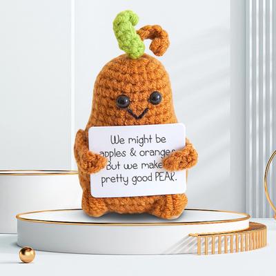 Wool Inspirational Pear Crochet Doll Hand-Stitched Knitted Toast Toy with Positive Card for Birthday Party Office Decoration