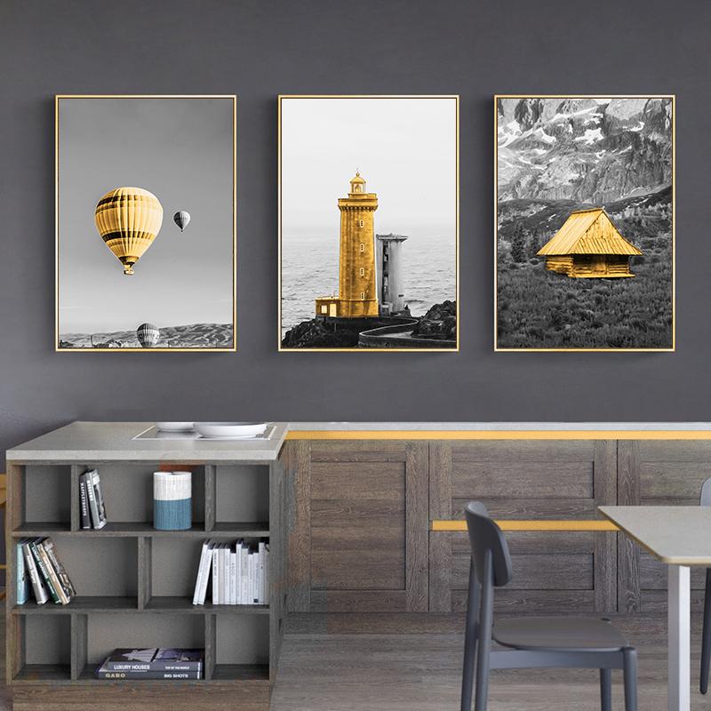 Black Yellow Balloon Lighthouse Wall Art Canvas Painting Landscape Posters and Prints Scenery Picture for Living Room Home Decor