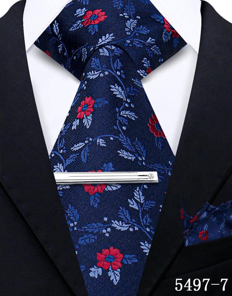 Men's Retro Floral Tie, Pocket Square & Tie Clip Set for Weddings