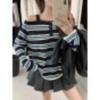 A Retro Loose One-shoulder Striped Halter Long-sleeved Knitted Top for Women with A Contrasting Color Design In Early Autumn