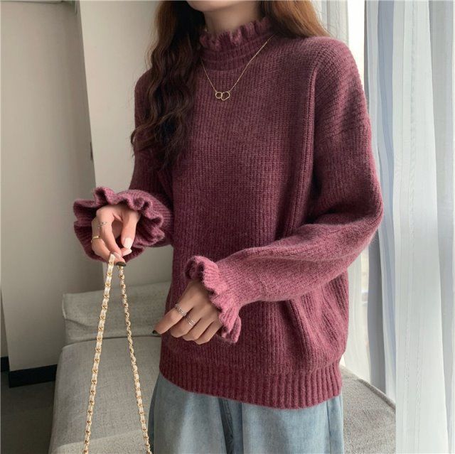 Women's French Style Ruffled Turtleneck Base Layer Autumn Winter Long Sleeve Knitted Top