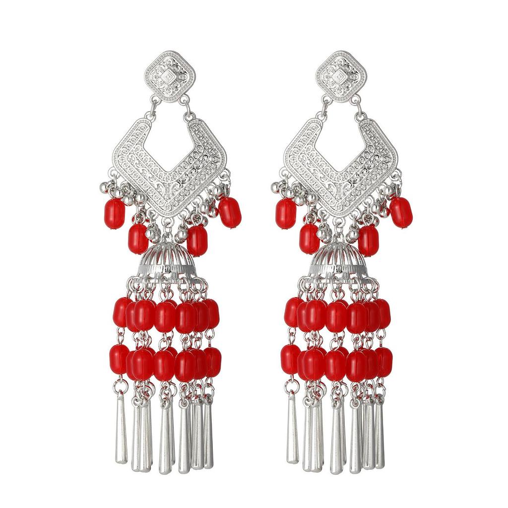 Bohemian Ethnic Miao Silver Turquoise Tassel Earrings