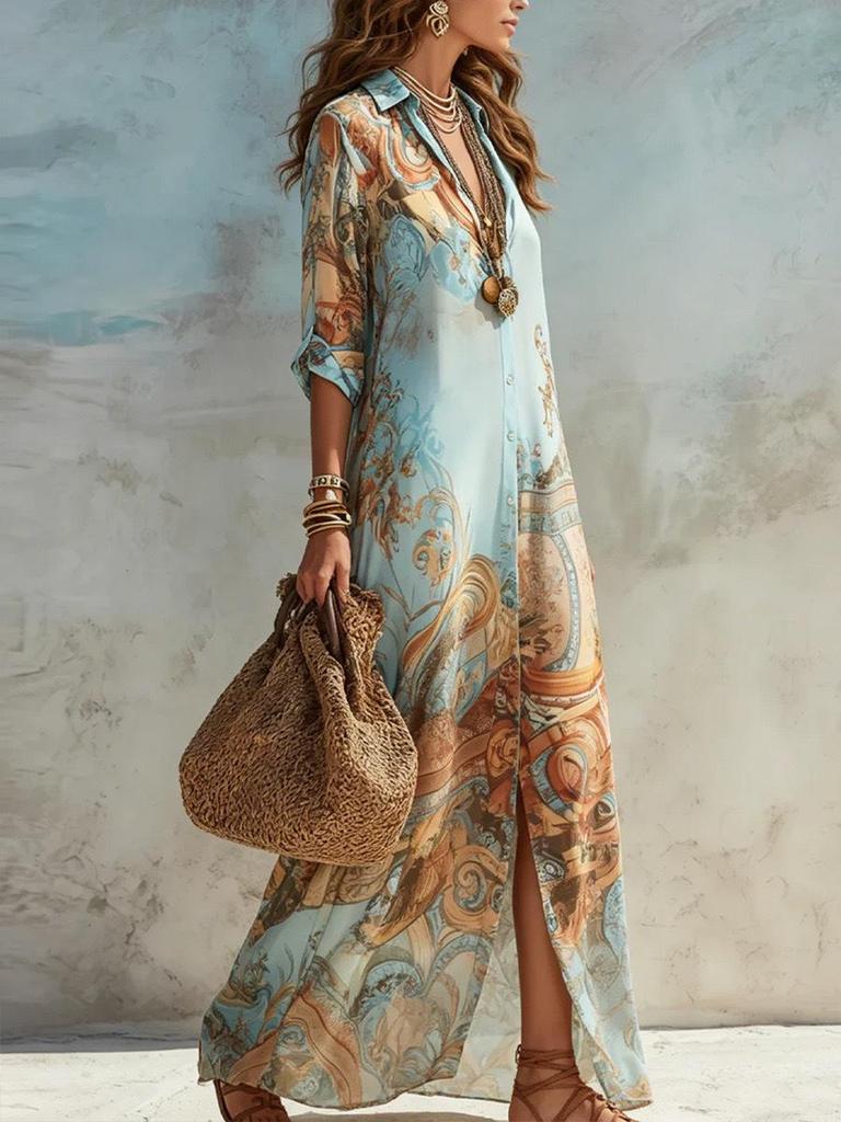 2026 Sommer Hellblau Retro-Print Hemdkleid