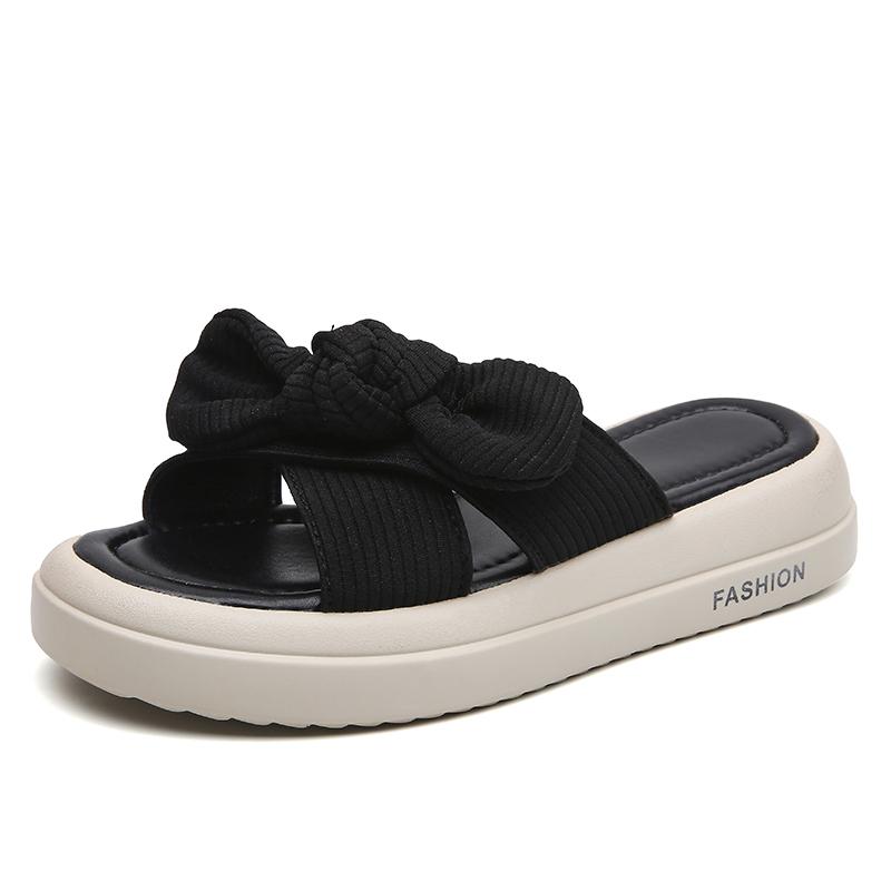 Pantofole da donna estive in tessuto elasticizzato Tomaia Vamp con fiocco a farfalla Peep-toe Sandali da donna Comfort Solette morbide Pantofola