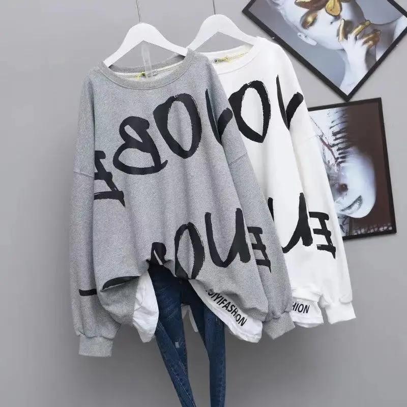 Cotton Hoodies for Women Long Loose Sweatshirt Sweaters Long Sleeve Loose Jumpers Fake Two Piece Hoodies Top