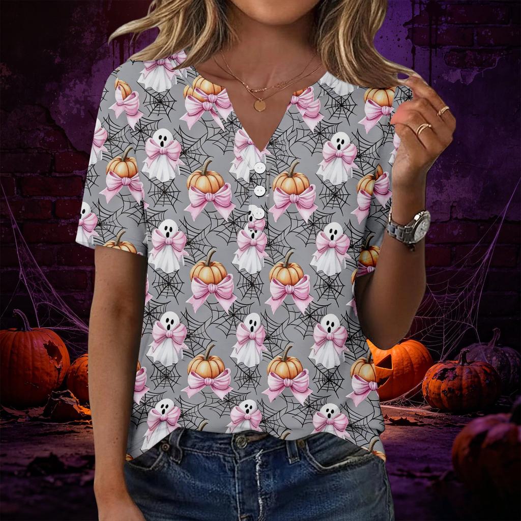 Women V Neck Short Sleeve T Shirt with Decorative Buttons Halloween Pumpkin Printed Casual Loose Fit Top for Daily Wear