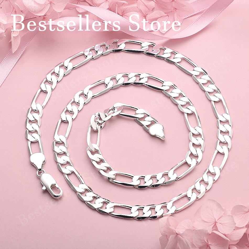 925 Sterling Silver Simple 8MM 16-30 Inch Figaro Chain Necklace Men Women Fashion Party Gift Jewelry