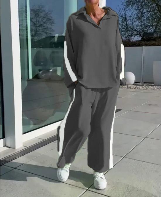 

Женский спортивный костюм на лето, популярный стиль, лацкан, длинный рукав, модный и повседневный костюм-двойка 3XL серый