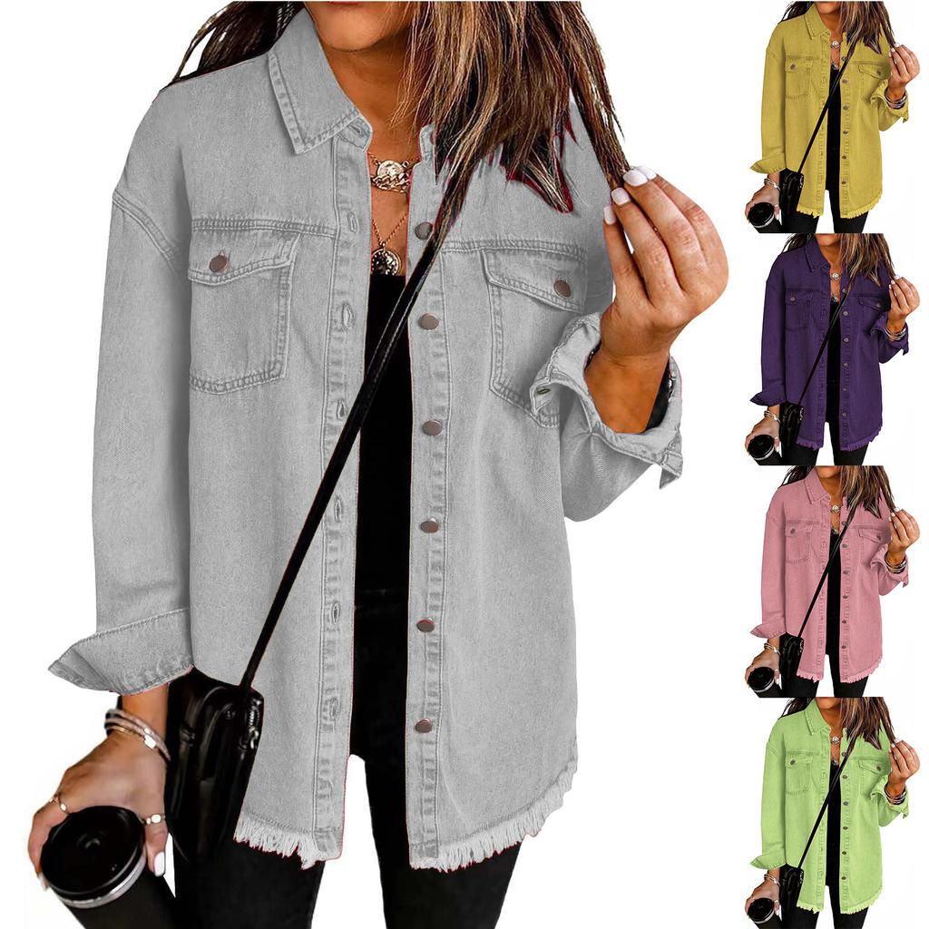 Women's Fashion Washed Denim Shirt Jacket With Frayed Hem Solid Color Outerwear